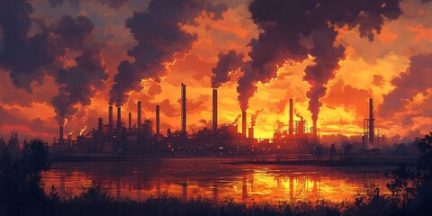 Obraz premium Industrial landscape with pollution and a dramatic sunset reflecting on water
