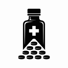 Obraz premium Medical Bottle Icon with Pills, Black and White Vector Illustration for Health.