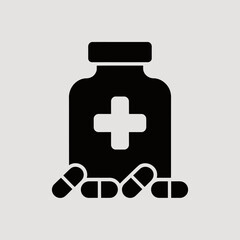 Obraz premium Black and White Pill Bottle Icon with Cross and Capsule Medications Graphic.
