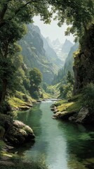 Mountain river flows through a serene valley surrounded by lush greenery and majestic peaks in a tranquil landscape