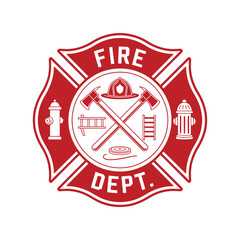 Fire Department Maltese Cross Emblem with Axes Helmet Hydrant and Ladder in Red and White Color Scheme on White Background