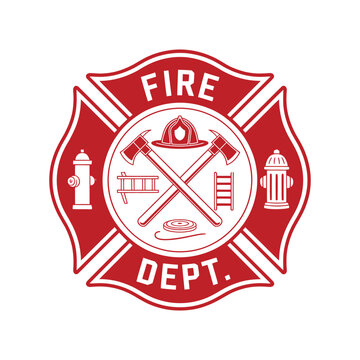 Fire Department Maltese Cross Emblem with Axes Helmet Hydrant and Ladder in Red and White Color Scheme on White Background