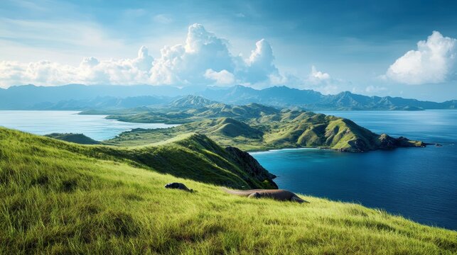 Scenic coastal landscape with green hills, blue ocean, and dramatic clouds.