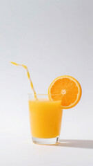 Invigorating glass of orange juice with a striped straw and an orange slice on a white background, showcasing freshness and healthy lifestyle .