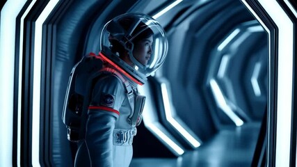 Young female astronaut wearing spacesuit with helmet looking forward inside futuristic tunnel with neon lighting reflecting off transparent visor - Powered by Adobe