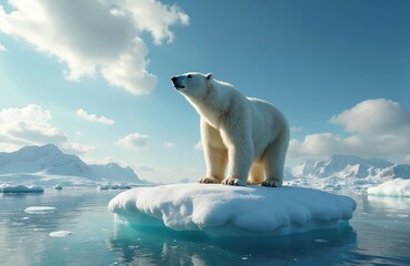 Majestic polar bear stands atop floating ice floe, serene Arctic scenery. Snowy mountain range, blue ocean, sunny sky, clouds. Symbol climate change, global warming, wildlife, environment, north