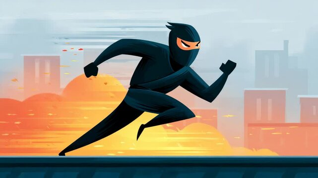 Dynamic Silhouette of Ninja Running Across Rooftops at Sunset in Urban Landscape