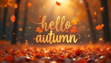 Autumnal scene with inscription Hello Autumn. Bright lettering, autumn leaves in the background. Warm, inviting seasonal greeting perfect for fall holidays, events.