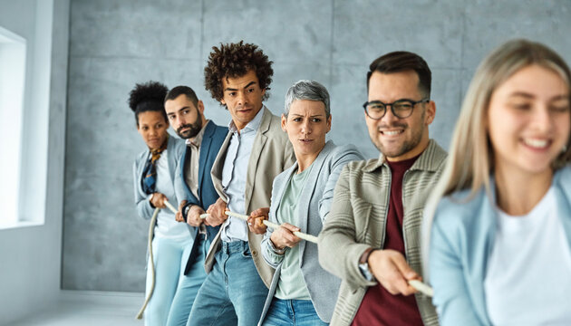 Portrait of a young  businesspeople pulling a rope in the office