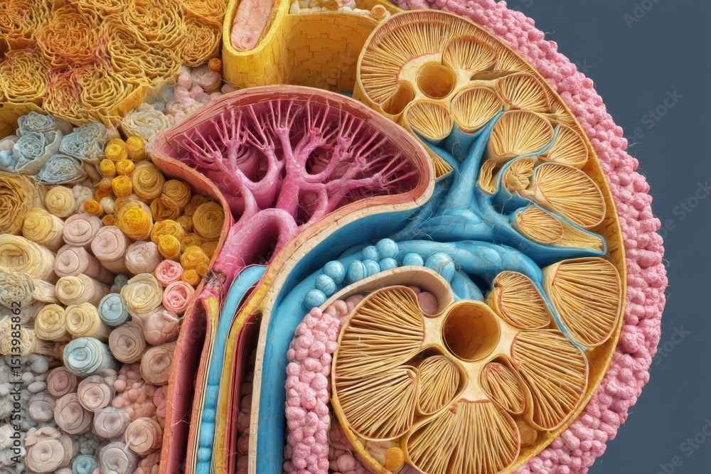 Poster detailed 3d cross-section of nephron structure showcasing renal components, highlighting the clean l