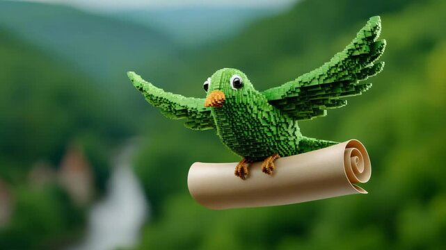 Whimsical Green Bird With Textured Feathers Flying Over Lush Green Valley Holding A Scroll