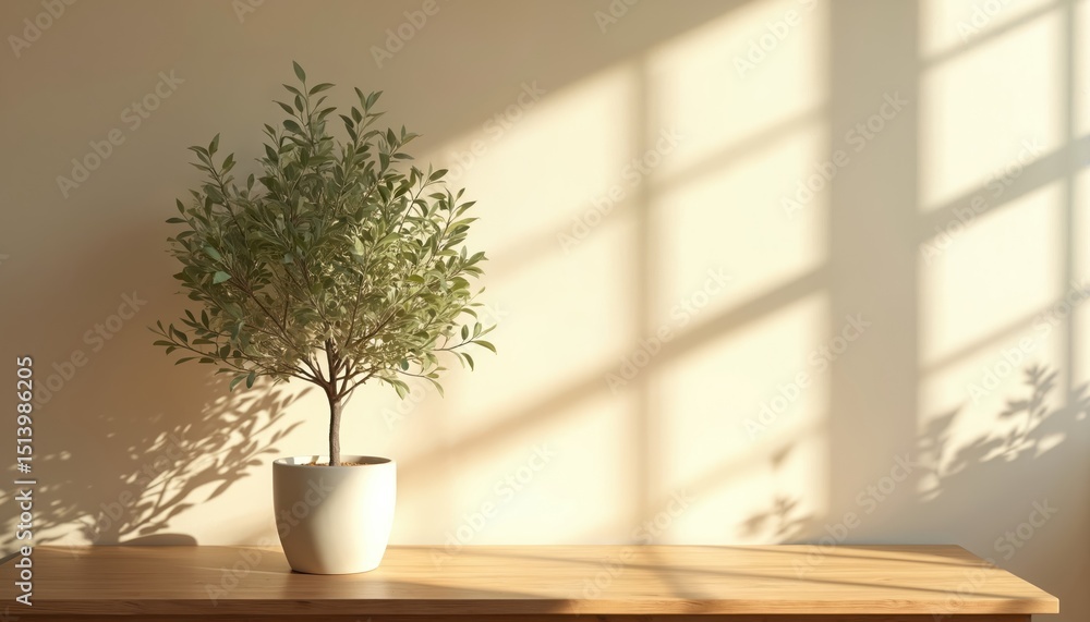 Poster olive tree in white pot stands on wooden table. sunlight streams through window, casting shadows on 