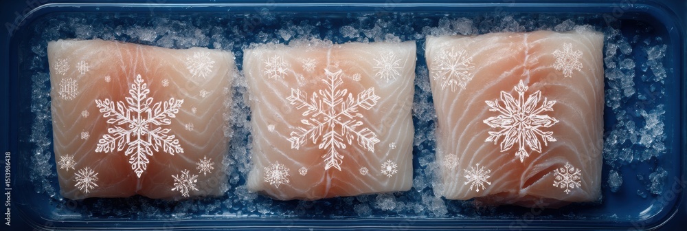 Poster packaged frozen fish fillets with snowflake icons and freshness seal in a clean layout ready for coo