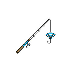Fishing rod with wireless signal and hook icon for digital fishing  on a transparent background 