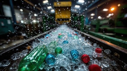 Recycled plastic bottles on a conveyor belt, splashing water