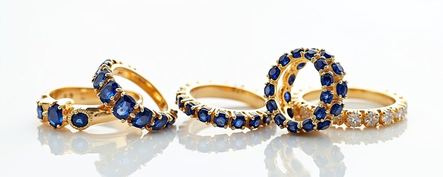 Collection of sapphire rings with diamonds on white background. Luxury jewelry design. Precious gemstones on gold. Wedding, engagement rings with natural blue gems. Glamourous accessories.