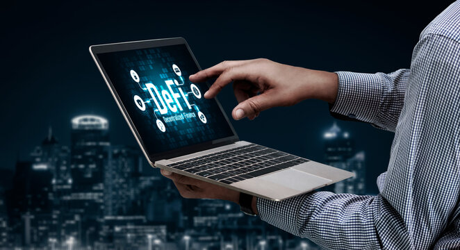 Decentralized finance or DeFi concept on modish computer screen . The defi system give new choice of investment and money saving .