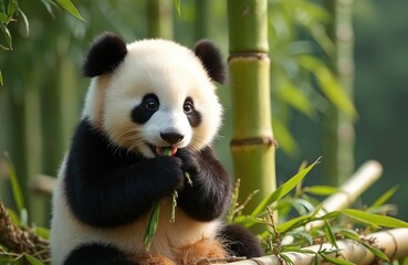 Fototapeta premium Cute panda eats fresh bamboo in natural habitat. Fluffy panda bear enjoys meal. Adorable animal eats green grass. Funny panda with bamboo stalks looks to side.