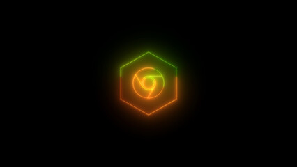 Neon Chrome Logo in a Hexagon on a Black Background Glowing with Green and Orange Gradient