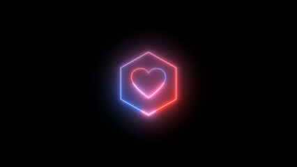 Neon Heart Inside Hexagon Glowing with Red and Blue Light on Black Background