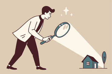 Searching for new house, look for real estate and accommodation valuation or new rent and mortgage concept, smart businessman using magnifying glass zooming to see house or residential details.