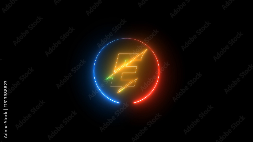 Poster neon lightning bolt in a circle with gradient colors on a black background