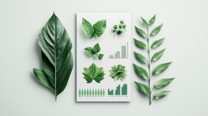 Green leaves and charts on white paper