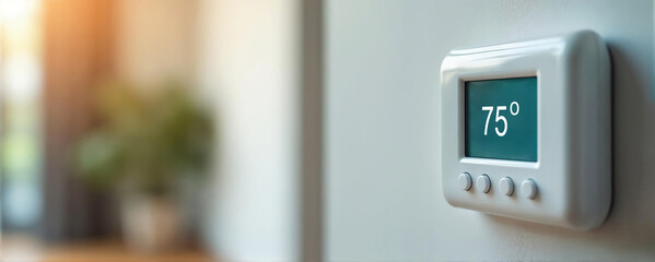 Digital Thermostat Display indicating a temperature against a softly lit interior background with copy space