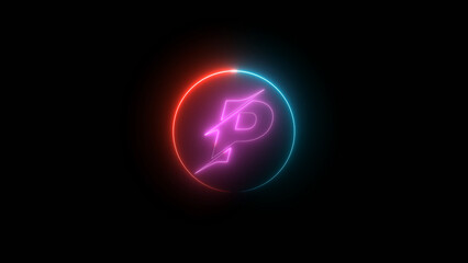 Neon Letter P with Lightning Bolt in a Circle on a Black Background