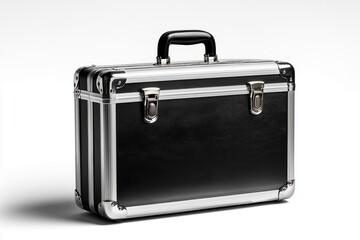 Black aluminum case with chrome locks and handle on white back