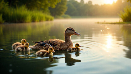 Duck and ducklings Swimming on Lake enjoying family moment against peaceful water background