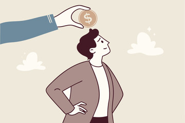 Pay yourself first, invest in yourself, take money for personal savings before pay for debt or buy and spending concept, smart young adult man putting money dollar coins into piggy bank on his head.