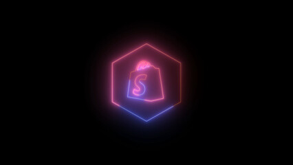 Neon Shopify Logo A Vibrant Shopping Bag Icon Encased in a Hexagon on Black Background