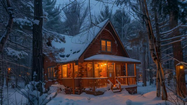 Cozy cabin retreat nestled in a snow-covered forest. Warm lights glow from within, inviting respite from the winter's chill. A perfect woodland escape. 