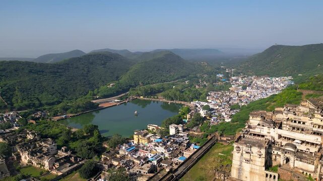Bundi cityscape,Historic Taragarh Fort is gigantic architecture nestled in Bundi city, Rajasthan, India.