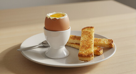 Soft-boiled egg in white egg cup with runny yolk and golden toast soldiers, cozy and inviting breakfast scene, natural morning light on light wooden table with minimal ceramic plate setup