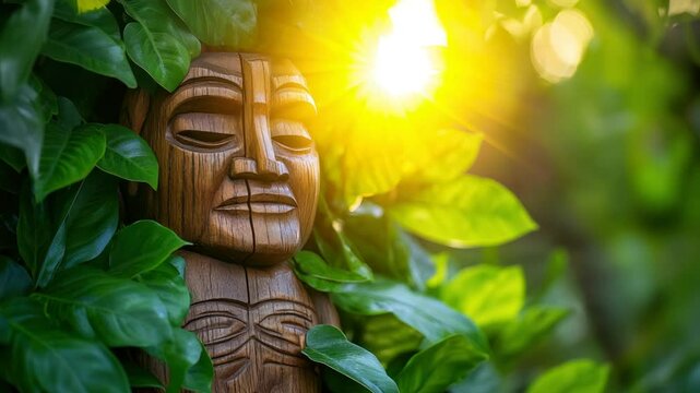 Wooden tiki face in lush greenery. Sunlight streams through leaves