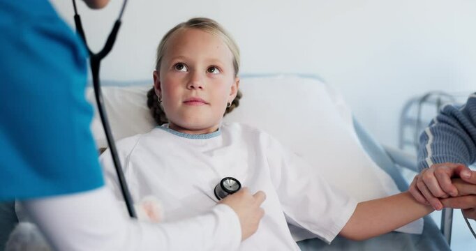 Hospital, bed and doctor with stethoscope for child for medical service, consulting and treatment. Healthcare, pediatrician and woman with girl listening to chest for breathing, asthma and diagnosis