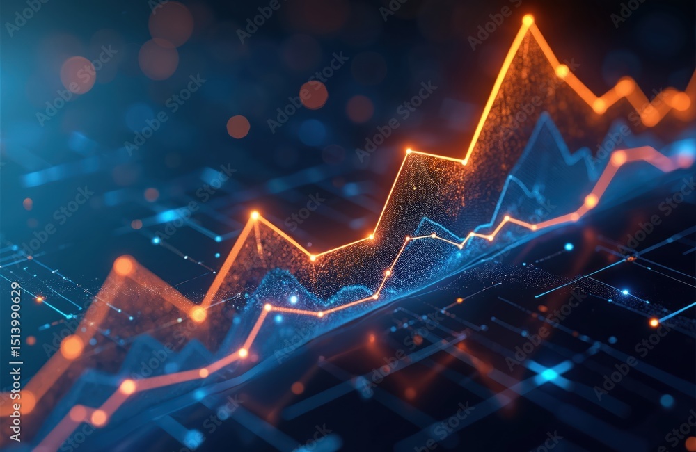 Poster digital illustration of rising data graph with blue lines orange peaks. represents growth analytics 