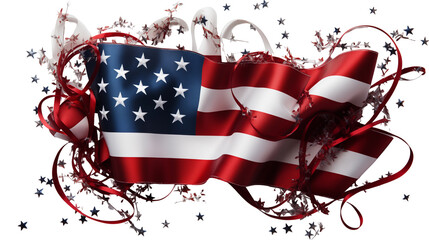 Festive American flag with stars and ribbons, July 4th celebration, patriotic red white blue background, isolated on transparent background.
