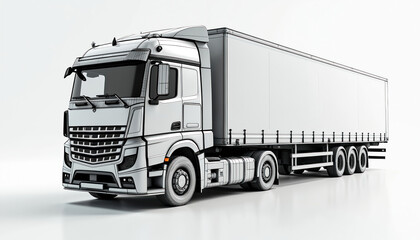 European truck cargo trailer wireframe model standing white background. Transportation delivery freight industry. Logistics, haulage, distribution, business, commercial, automotive, vehicle,