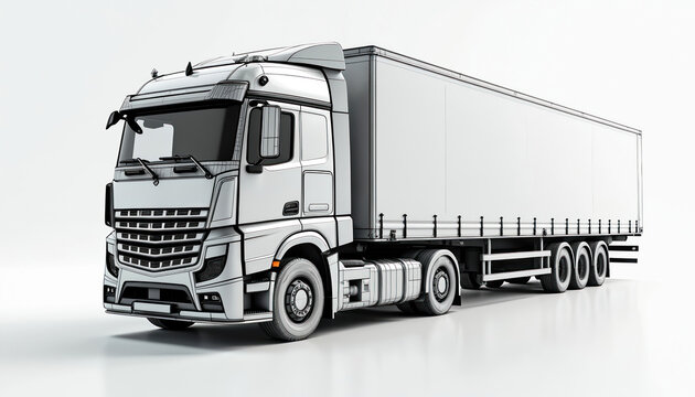 European truck cargo trailer wireframe model standing white background. Transportation delivery freight industry. Logistics, haulage, distribution, business, commercial, automotive, vehicle,