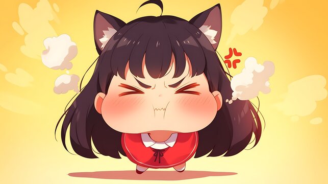 A tsundere chibi character with puffed cheeks and steam coming out of her ears, colorful anime style