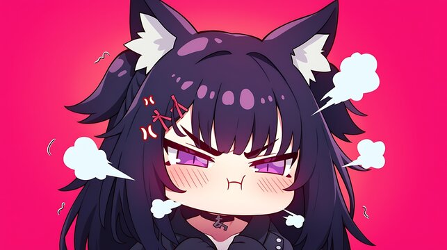 A tsundere chibi character with puffed cheeks and steam coming out of her ears, colorful anime style