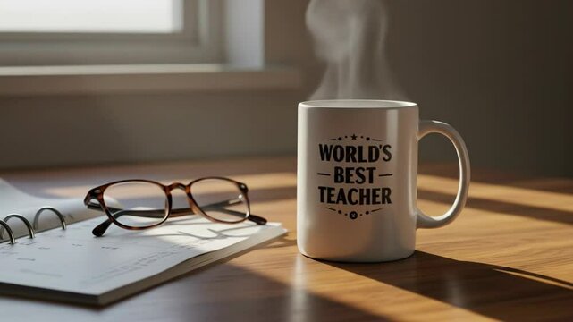 Coffee mug inscribed with "World's Best Teacher" on  desk next to reading glasses 