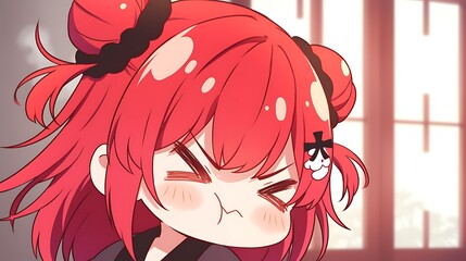 A tsundere chibi character with puffed cheeks and steam coming out of her ears, colorful anime style