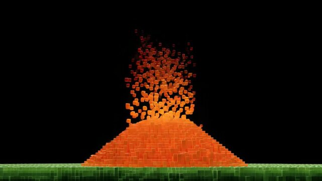 Dynamic Eruption of Orange Particles Creating Volcano Shape on a Black Background