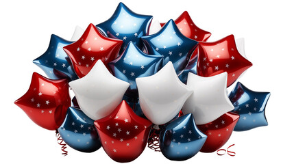 Star balloons in red, white, blue, festive July 4th party decor, starburst celebration design, isolated on transparent background.
