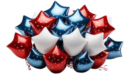 Star balloons in red, white, blue, festive July 4th party decor, starburst celebration design, isolated on transparent background.