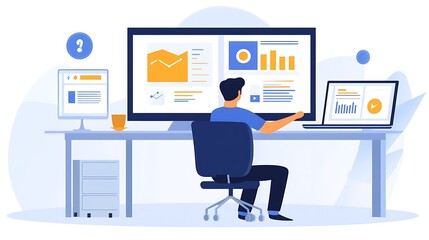Illustration of a person analyzing data on a computer with charts and graphs